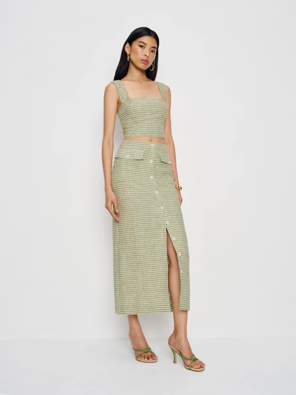 Britt Linen Skirt - Avocado Check